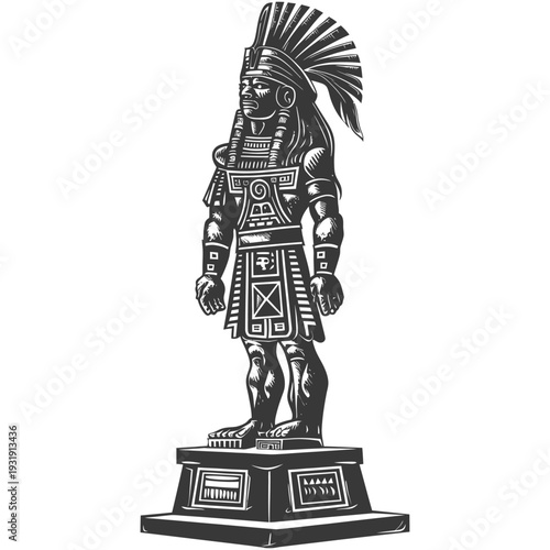 Standing Stone Statue of an Aztec Warrior with Feather Headdress