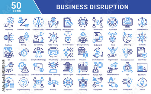 Business Disruption icon set illustrating digital transformation,disruptive innovation,startups,fintech,automation,data-driven strategy,and modern business challenges in the digital economy.