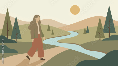 Minimalist illustration of a woman walking on a path in a serene natural landscape