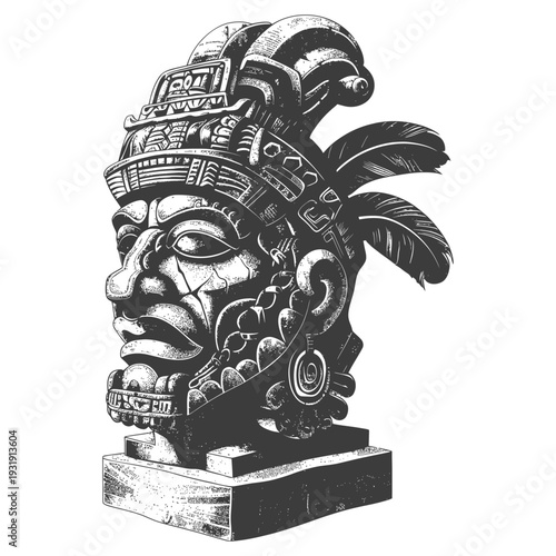Stone Bust of a Mayan King with a Detailed Headdress