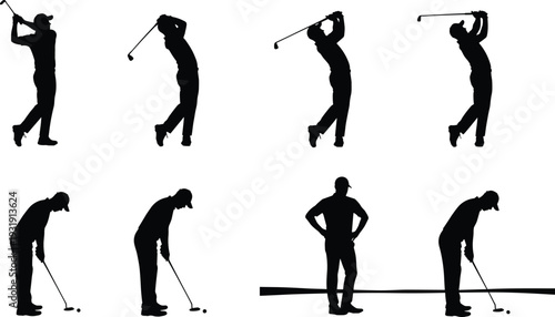 Golf player swing and putting silhouettes set showing different golf poses, isolated vector illustration for sports design and training graphics
