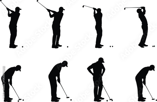 Golfer silhouette collection showing golf swing, putting and stance positions isolated on white background for sports vector illustration design