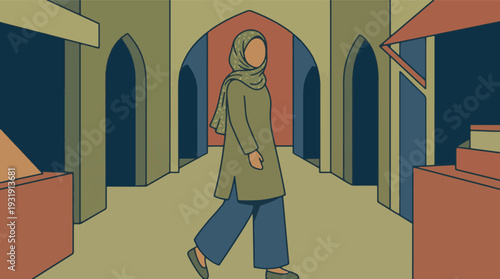 Muslim woman in hijab walking through an arched traditional street