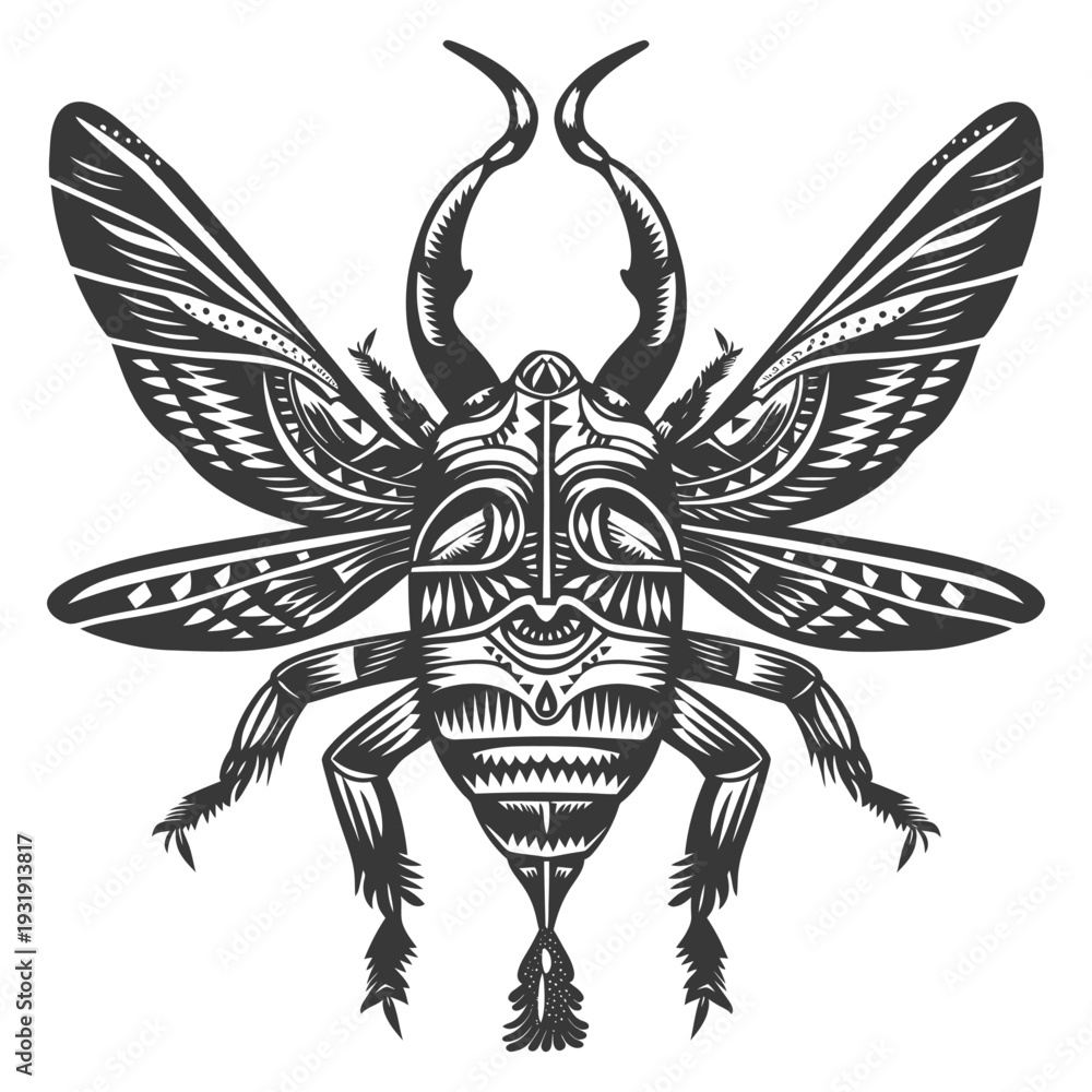Obraz premium Stylized Black and White Illustration of a Beetle with Large Wings