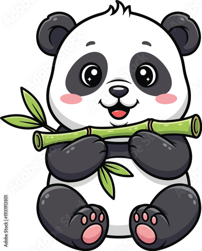 Cute cartoon baby panda illustration holding a bamboo stalk with green leaves featuring rosy cheeks big expressive eyes and a happy smile perfect for children's themes