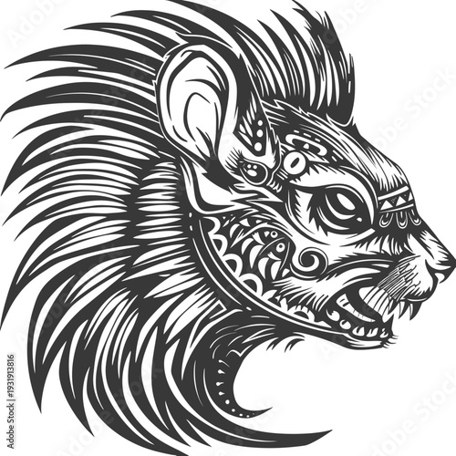 Stylized Black and White Illustration of a Ferocious Animal Head
