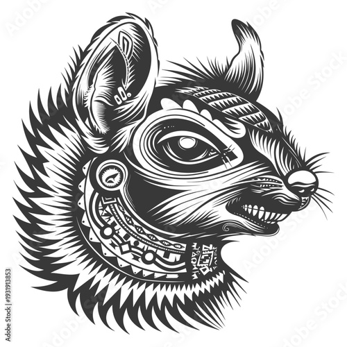 Stylized Black and White Illustration of a Ferocious Animal