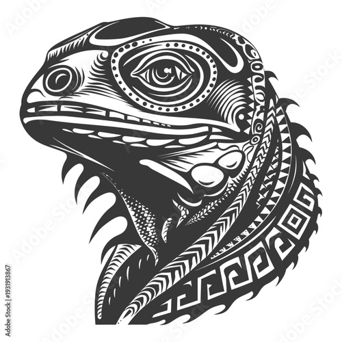 Stylized Black and White Illustration of an Iguana Head