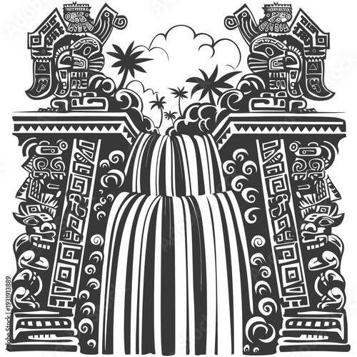 Stylized Black and White Illustration of a Waterfall with Jungle Vines and Palm Trees