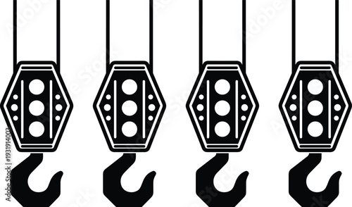 Crane hook and pulley block silhouette set isolated on white background for industrial lifting, construction equipment and rigging design