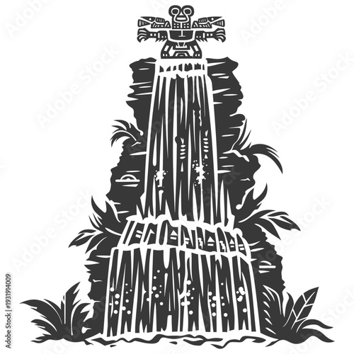 Stylized Black and White Waterfall with a Figurine on Top