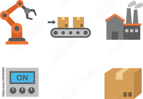 Manufacturing and logistics illustration, robotic arm, conveyor belt, factory building, control panel, cardboard box, industrial automation design