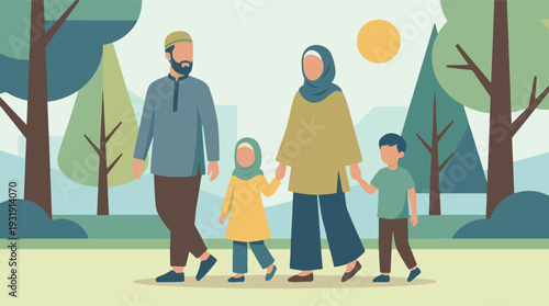 Muslim family walking together in a park on a sunny day