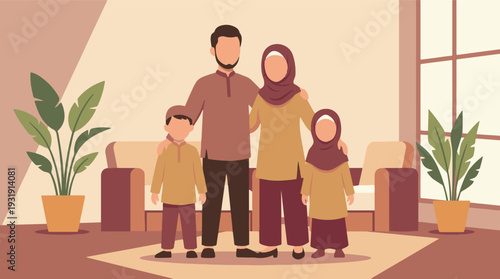 Muslim family portrait in minimalist living room with plants