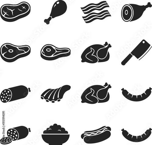Meat and food preparation icons, steak, drumstick, bacon, ham, cleaver, sausage, ribs, chicken, salami, hot dog illustration