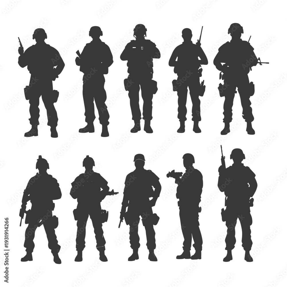 Fototapeta premium Ten Silhouettes of Soldiers in Full Military Gear