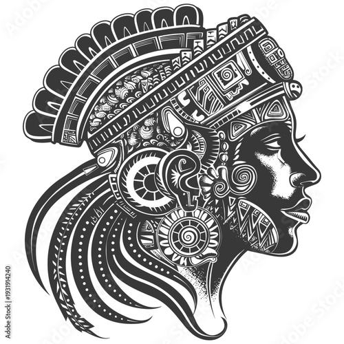 Stylized Profile of a Woman with Ornate Headdress and Feathers