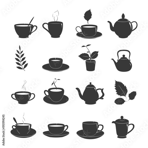 Teacups, Teapots, and Tea Leaves in a Black and White Silhouette Design