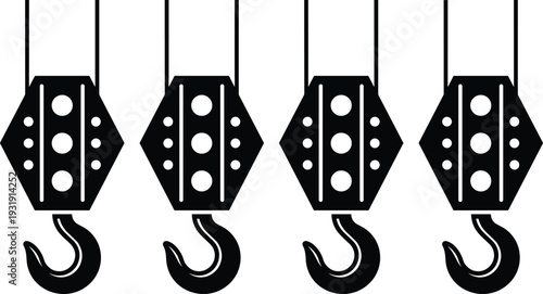 Overhead crane hook and pulley block icon set isolated on white background for industrial lifting and rigging equipment design