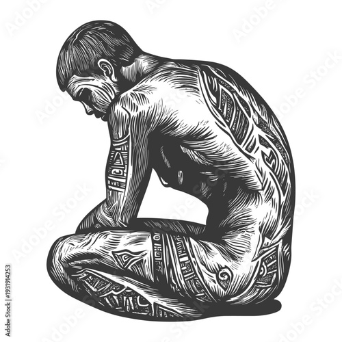 Tattooed Man Sitting with Head Down, Black and White Illustration
