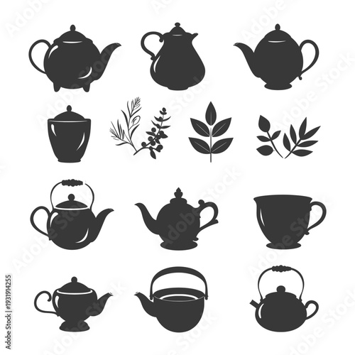 Teapot and Teacup Silhouettes with Leaf Illustrations
