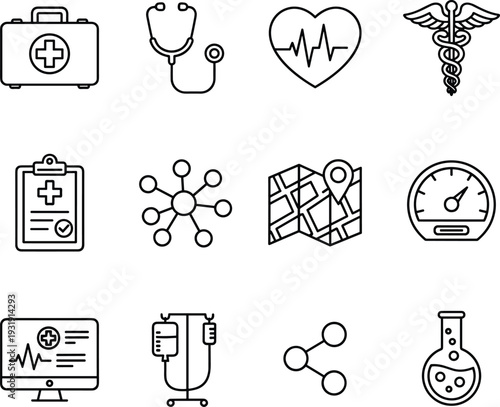 Medical and healthcare icons, stethoscope, heart ECG, caduceus, clipboard, IV stand, computer monitor, laboratory flask, medical kit illustration