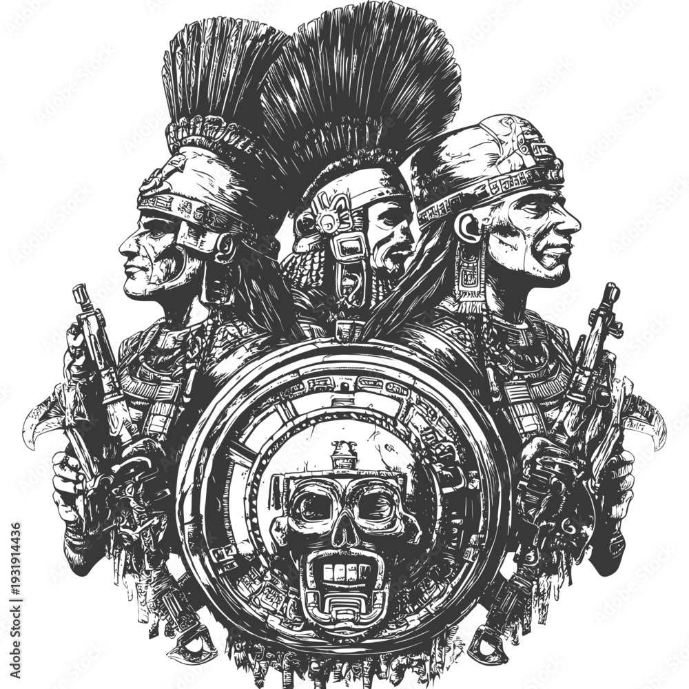 Fototapeta premium Three Aztec Warriors With Guns and Skull Shield