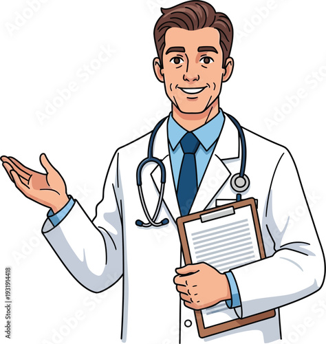 Friendly male doctor illustration in a white lab coat with a stethoscope holding a clipboard and gesturing invitingly conveying healthcare expertise and compassionate patient care