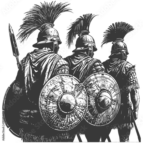 Three Ancient Roman Soldiers with Shields and Weapons