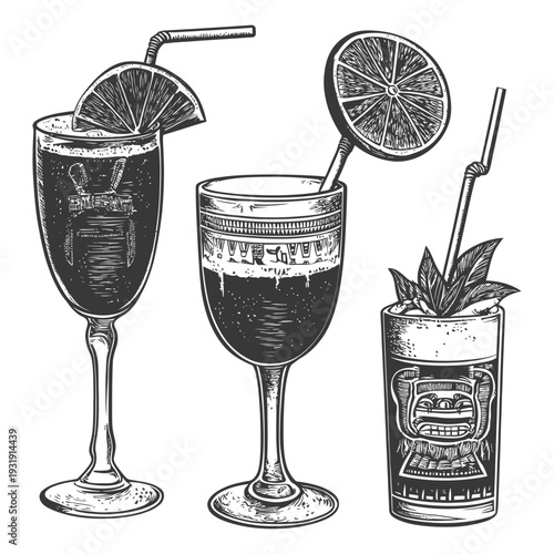 Three Black and White Cocktails with Lemon and Mint Garnishes