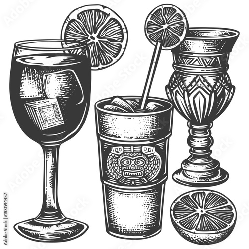 Three Black and White Hand-Drawn Cocktails with Citrus Garnishes