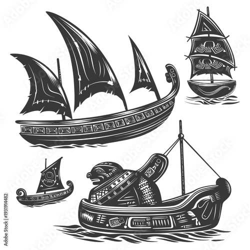 Three Detailed Black and White Illustrations of Ancient Ships