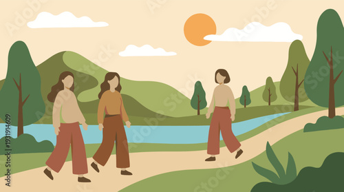 Three women friends walking on a scenic path in a serene natural landscape