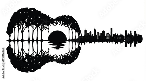 Black guiter silhouette vector illustration over urban city skyline with skyscrapers, factories, trees and grunge industrial landscape design