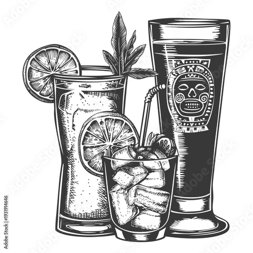 Three Engraved Glasses with Citrus, Ice, and a Tiki Mask