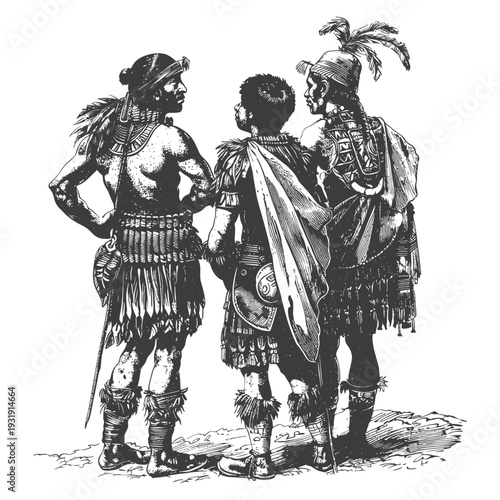 Three Indigenous People Standing Together in Traditional Clothing