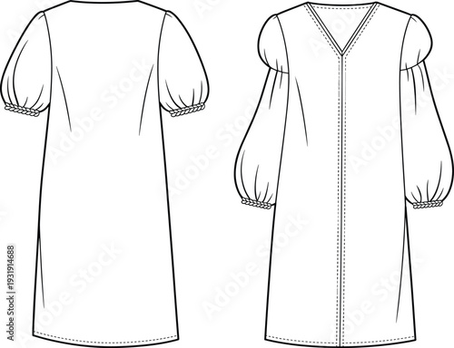 Front and back view puff sleeve V neck dress template flat fashion technical drawing loose midi dress apparel outline mockup design