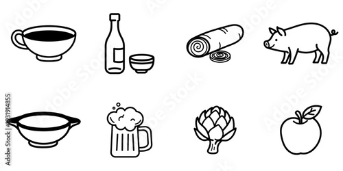 Collection d’icônes culinaires minimalistes inspirées de la cuisine bretonne : bol, cidre, galette roulée, cochon, bière, artichaut et pomme, en style line art noir.