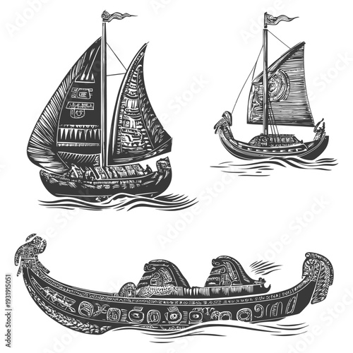 Three Ornate Ancient Ships With Sails and Flags