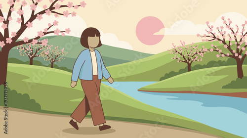 Person walking in spring landscape with cherry blossoms and river