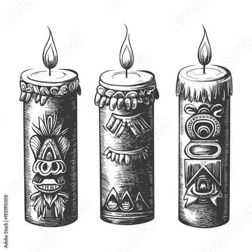 Three Ornate Hand-Drawn Candles with Flames