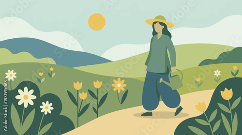 Minimalist illustration of a person gardening in a vibrant spring flower field