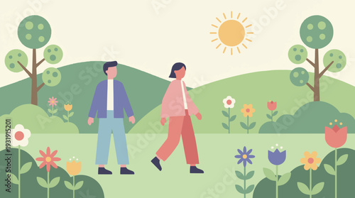 Minimalist illustration of a couple walking in a sunny park with flowers