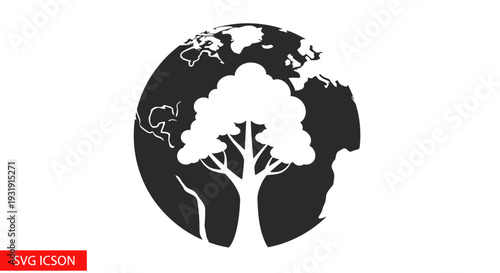 Tree Growing on Planet Earth Silhouette Icon, Environmental Protection Concept