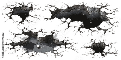 Set of ground cracks and broken surface holes with deep shadows and realistic texture vector illustration on white background
