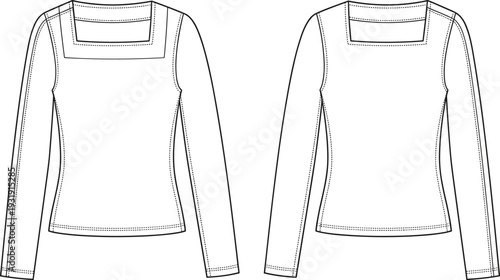 Front and back view long sleeve square neck top template flat fashion technical drawing fitted blouse apparel outline mockup design  
