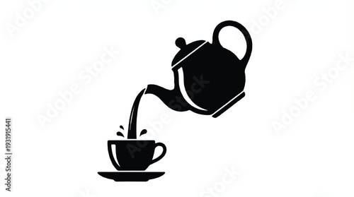 An isolated set of hot breakfast beverages features a white porcelain cup of coffee on a saucer, a ceramic cup of tea, and a clay mug filled with brown coffee beans beside a traditional teapot