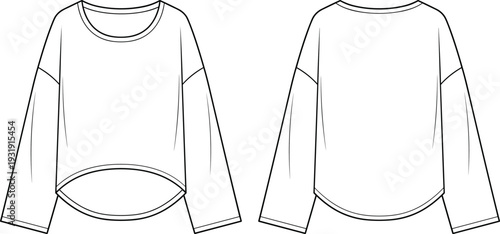 Front and back view of long sleeve curved hem sweatshirt template flat fashion technical drawing apparel mockup outline design