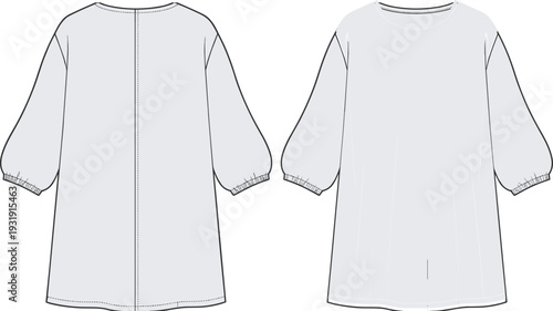 Front and back view puff sleeve dress template flat fashion technical drawing loose midi dress apparel outline mockup design