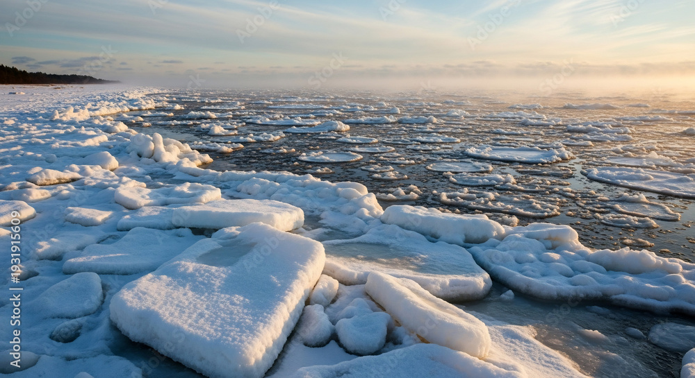 Obraz premium Coastal Arctic Frost: An aerial view captures a breathtaking display of ice formations along the coast, with a hazy horizon in the distance, bathed in the soft glow of the sun. 